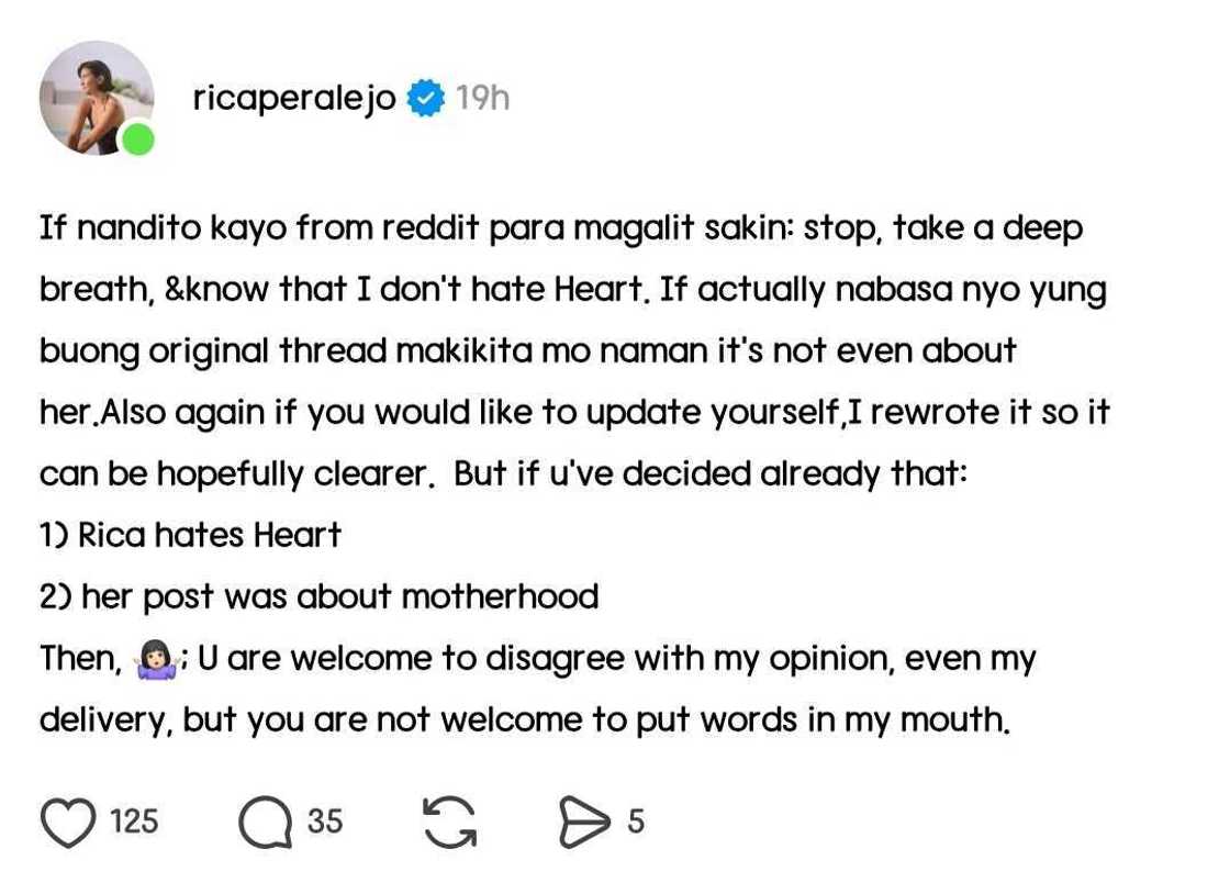 Rica Peralejo clarifies her since-deleted post about Heart Evangelista: "I don't hate Heart" Rica Peralejo clarifies her since-deleted post about Heart Evangelista: "I don't hate Heart"