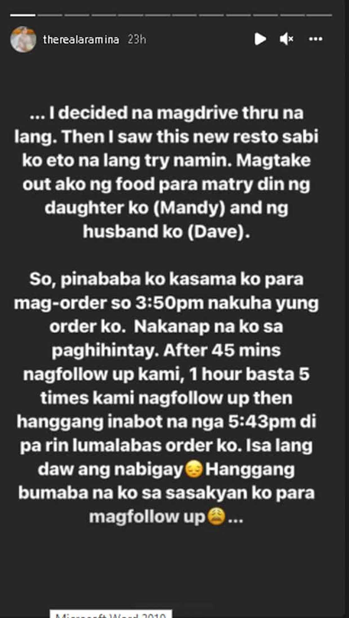 Ara Mina, pinag-antay ng dalawang oras ng resto na inorderan niya ng food: “naiiyak na ko sa hilo, sa gutom” Ara Mina, pinag-antay ng dalawang oras ng resto na inorderan niya ng food: “naiiyak na ko sa hilo, sa gutom”