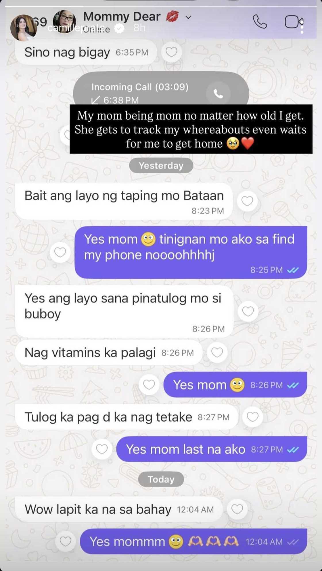 Camille Prats, ibinahagi ang text convo nila ng kanyang ina: "My mom being mom" Camille Prats, ibinahagi ang text convo nila ng kanyang ina: "My mom being mom"