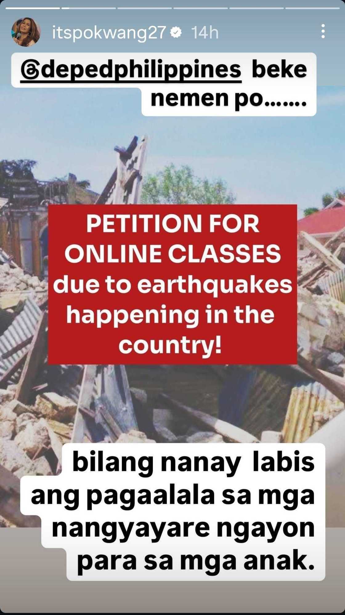 Pokwang makes appeal to DepEd following series of earthquakes