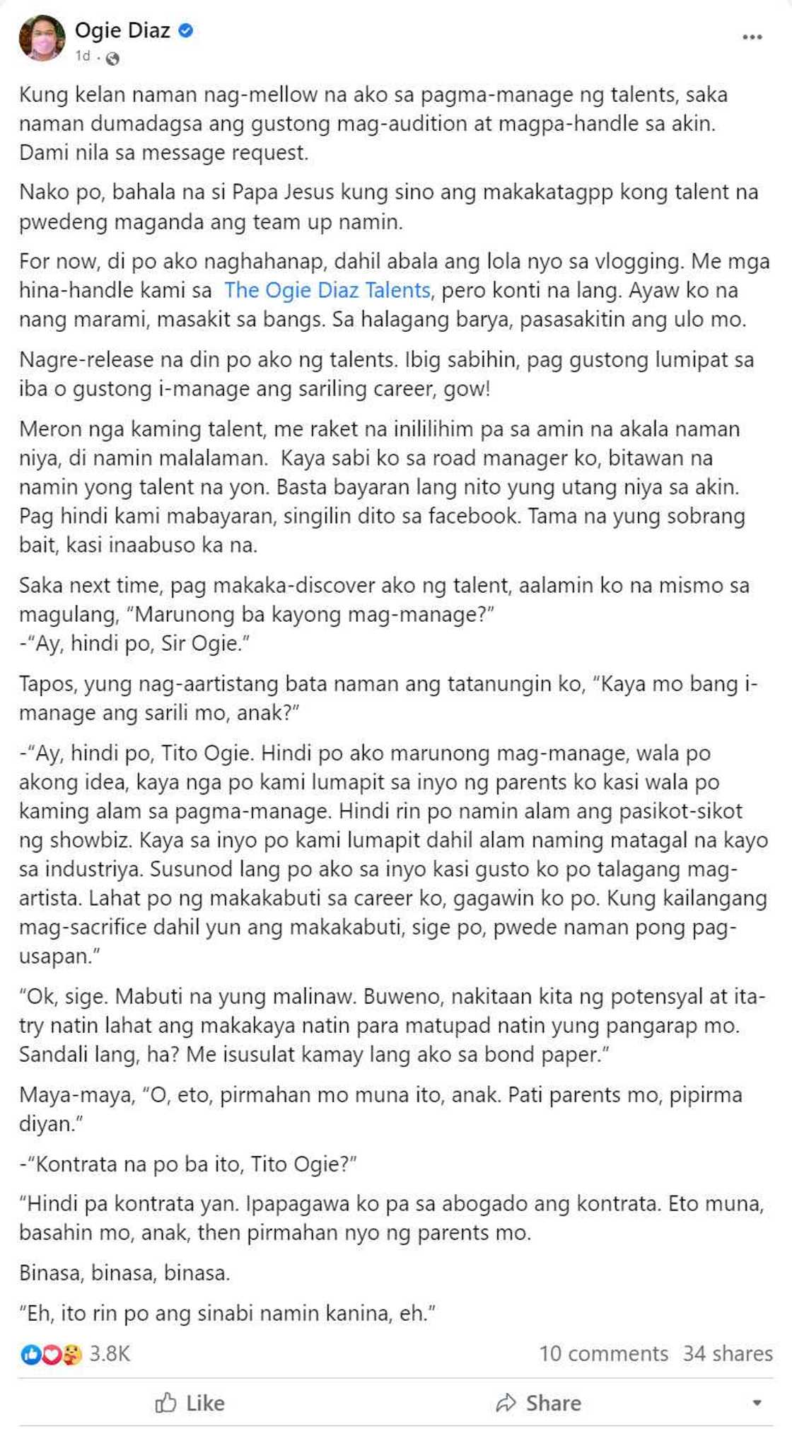 Ogie Diaz, isiniwalat na may talent siyang pakakawalan dahil may raket na inililihim sa kanila