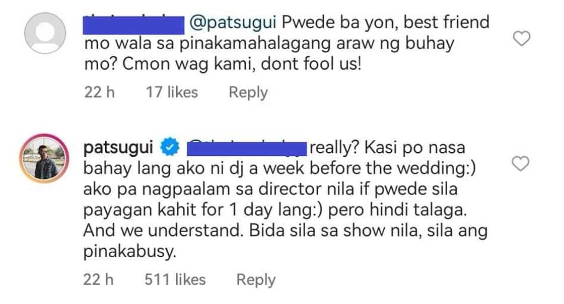 Pat Sugui, nilinaw ang dahilan kung bakit wala sila Daniel Padilla at Kathryn Bernardo sa kasal niya