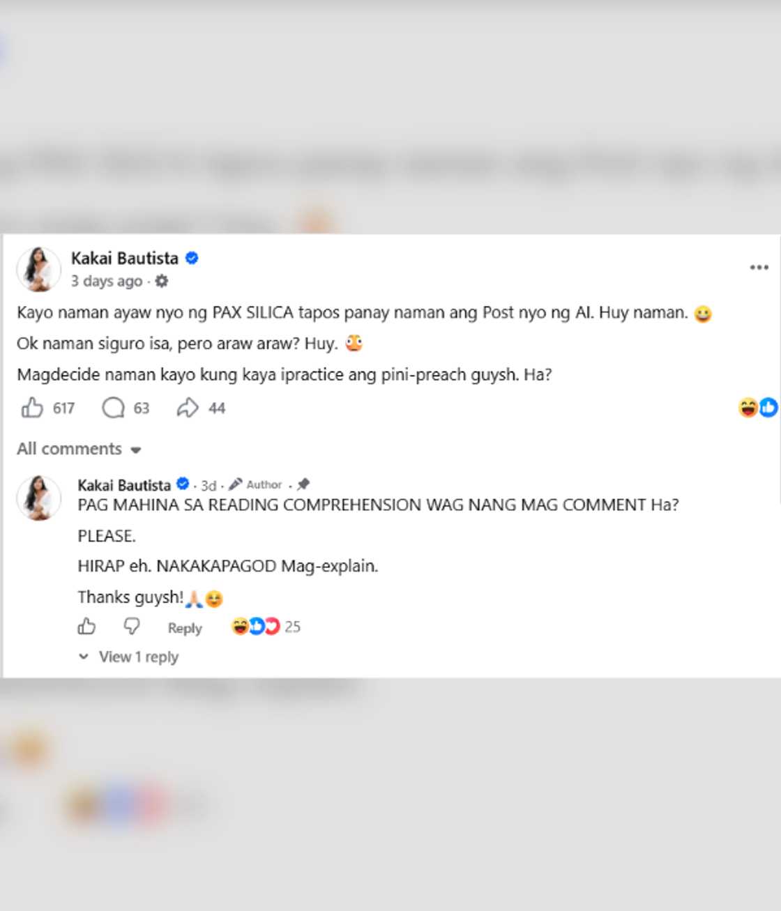Kakai Bautista, kinuwestiyon ang mga kontra-Pax Silica pero panay ang AI posts Kakai Bautista, kinuwestiyon ang mga kontra-Pax Silica pero panay ang AI posts