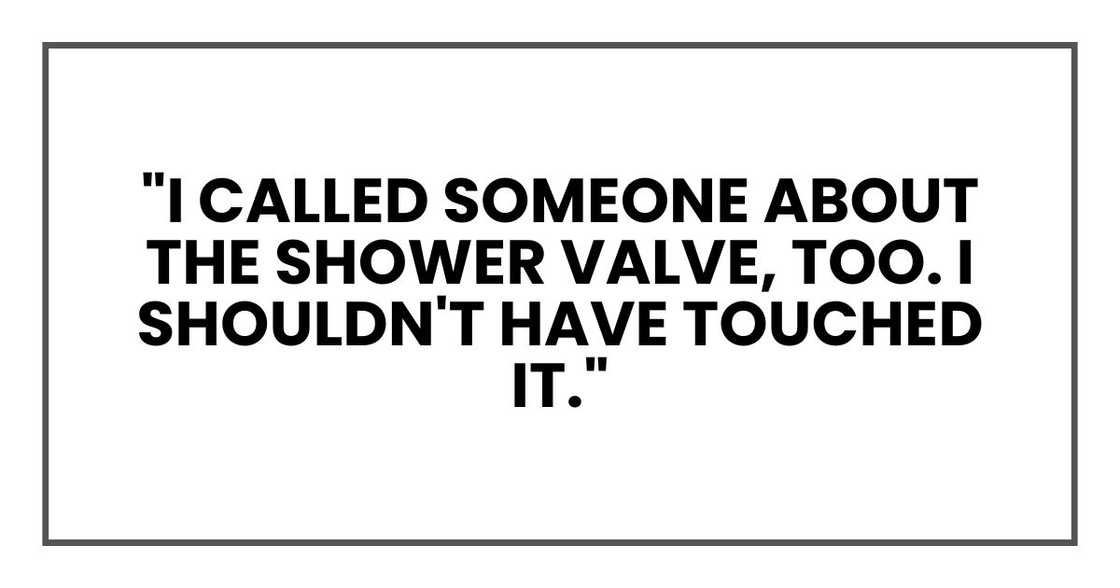 "I called someone about the shower valve, too. I shouldn't have touched it."
