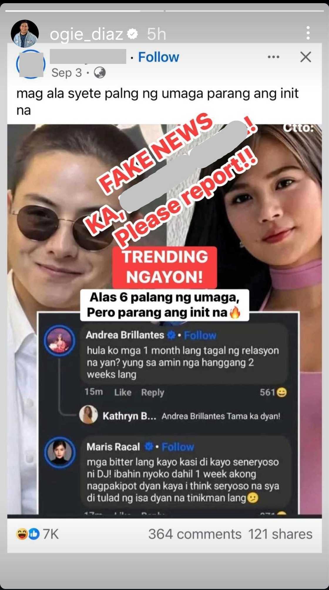 Ogie Diaz warns about fake comments involving KathNiel, Maris Racal, Andrea Brillantes Ogie Diaz warns about fake comments involving KathNiel, Maris Racal, Andrea Brillantes