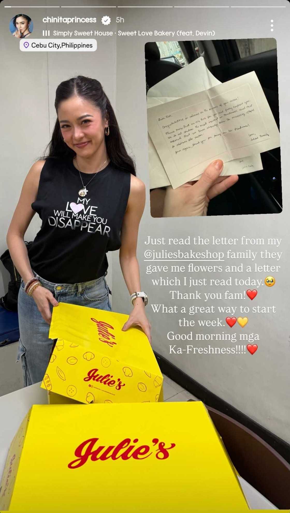 Local bakeshop, nagpadala ng bulaklak at liham kay Kim Chiu Local bakeshop, nagpadala ng bulaklak at liham kay Kim Chiu