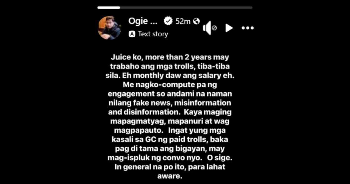 Ogie Diaz, nagbabala sa lihim na operasyon ng bayad na trolls