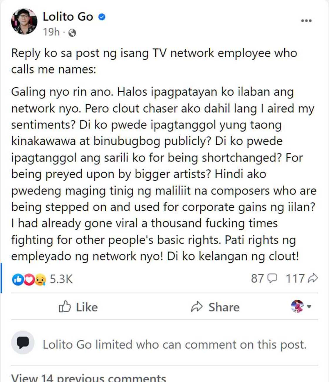 Lolito Go, niresbakan nang-bash sa kanya dahil ipinagtanggol si Jason Hernandez: “Di ko kelangan ng clout”