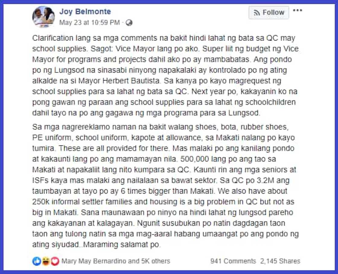 Mayor Joy Belmonte gets irked by some QC residents comparing school supplies given at some other cities Mayor Joy Belmonte gets irked by some QC residents comparing school supplies given at some other cities