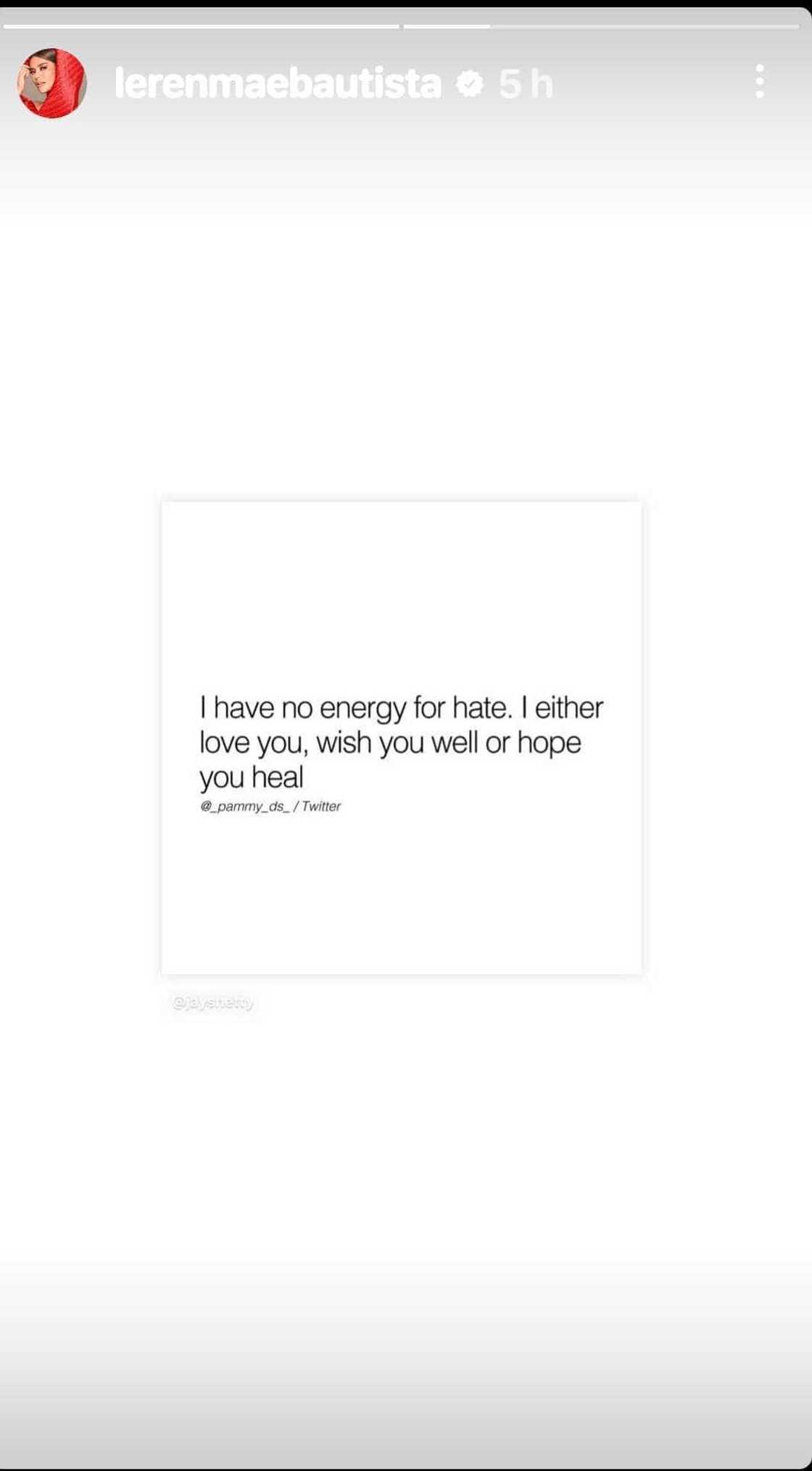 Leren Mae Bautista reshares meaningful post about having no room for hate Leren Mae Bautista reshares meaningful post about having no room for hate