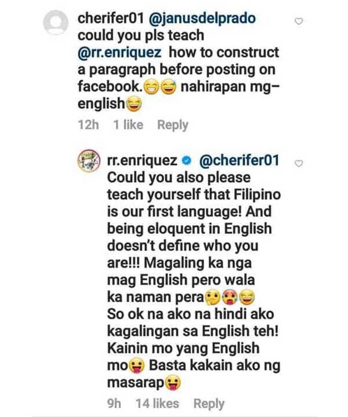 RR Enriquez, rumesbak sa basher na nagsabing hirap siyang mag-English: “wala ka naman pera”