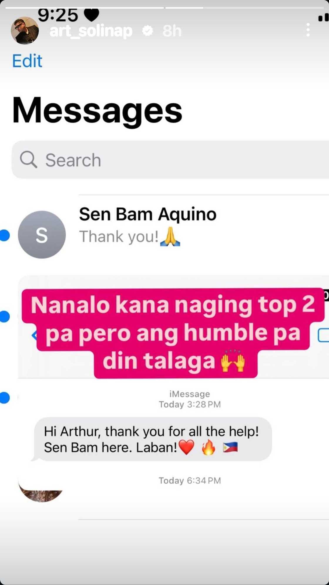 Arthur Solinap, nag-share ng screenshot ng mensahe sa kanya ni Bam Aquino Arthur Solinap, nag-share ng screenshot ng mensahe sa kanya ni Bam Aquino