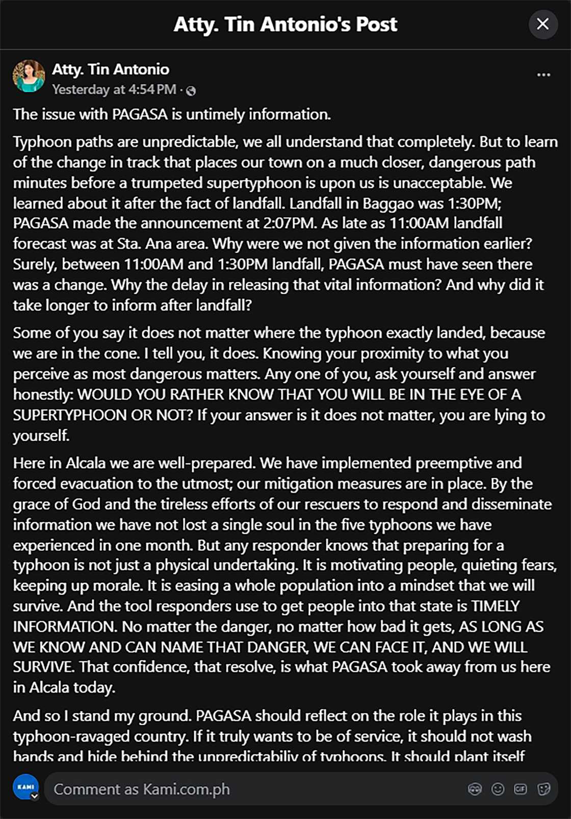 Mayor Tin Antonio ng Alcala, Cagayan, umalma sa PAGASA dahil sa late forecast: “Why the delay”