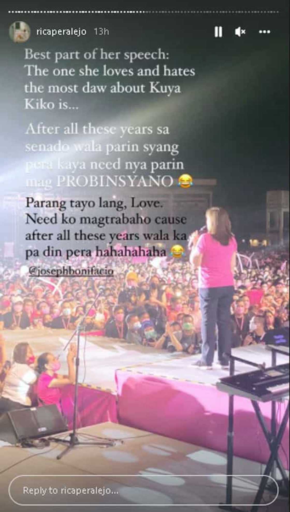 Rica Peralejo, nawindang sa best part ng speech ni Megastar tungkol sa "walang pera" si Sen. Kiko Pangilinan Rica Peralejo, nawindang sa best part ng speech ni Megastar tungkol sa "walang pera" si Sen. Kiko Pangilinan