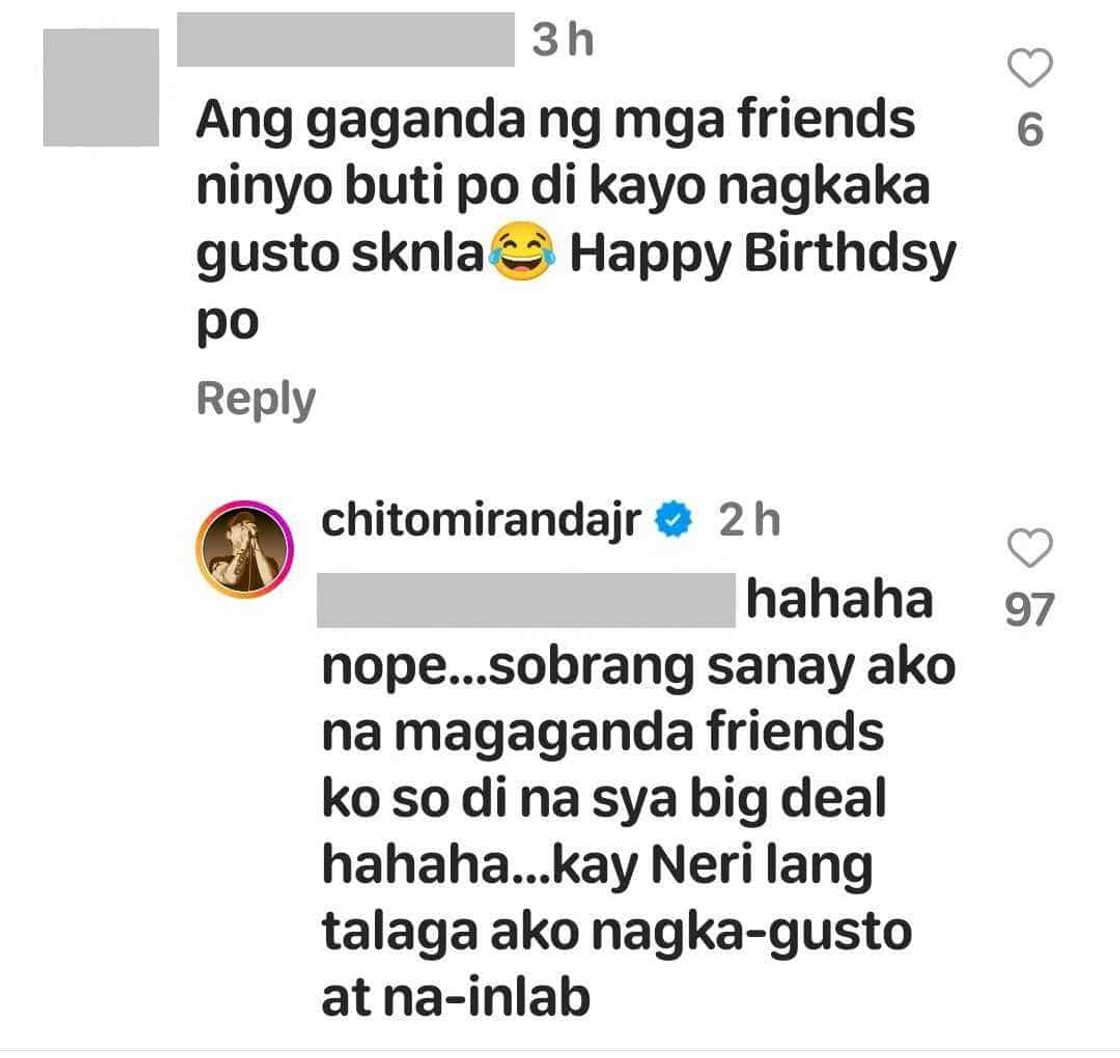 Chito Miranda, nag-reply sa “buti po di kayo nagkakagusto” comment ukol sa magagandang friends niya: “nope” Chito Miranda, nag-reply sa “buti po di kayo nagkakagusto” comment ukol sa magagandang friends niya: “nope”