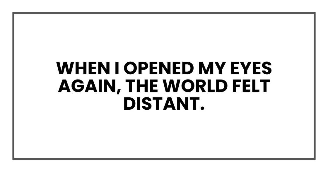 When I opened my eyes again, the world felt distant. When I opened my eyes again, the world felt distant.