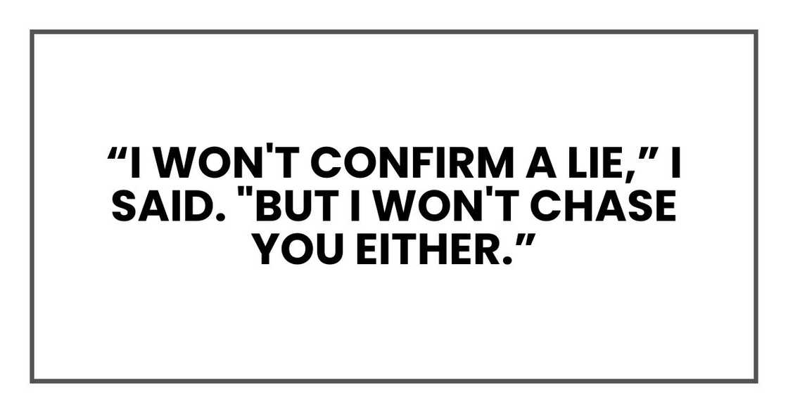 “I won't confirm a lie,” I said. "But I won't chase you either.”
