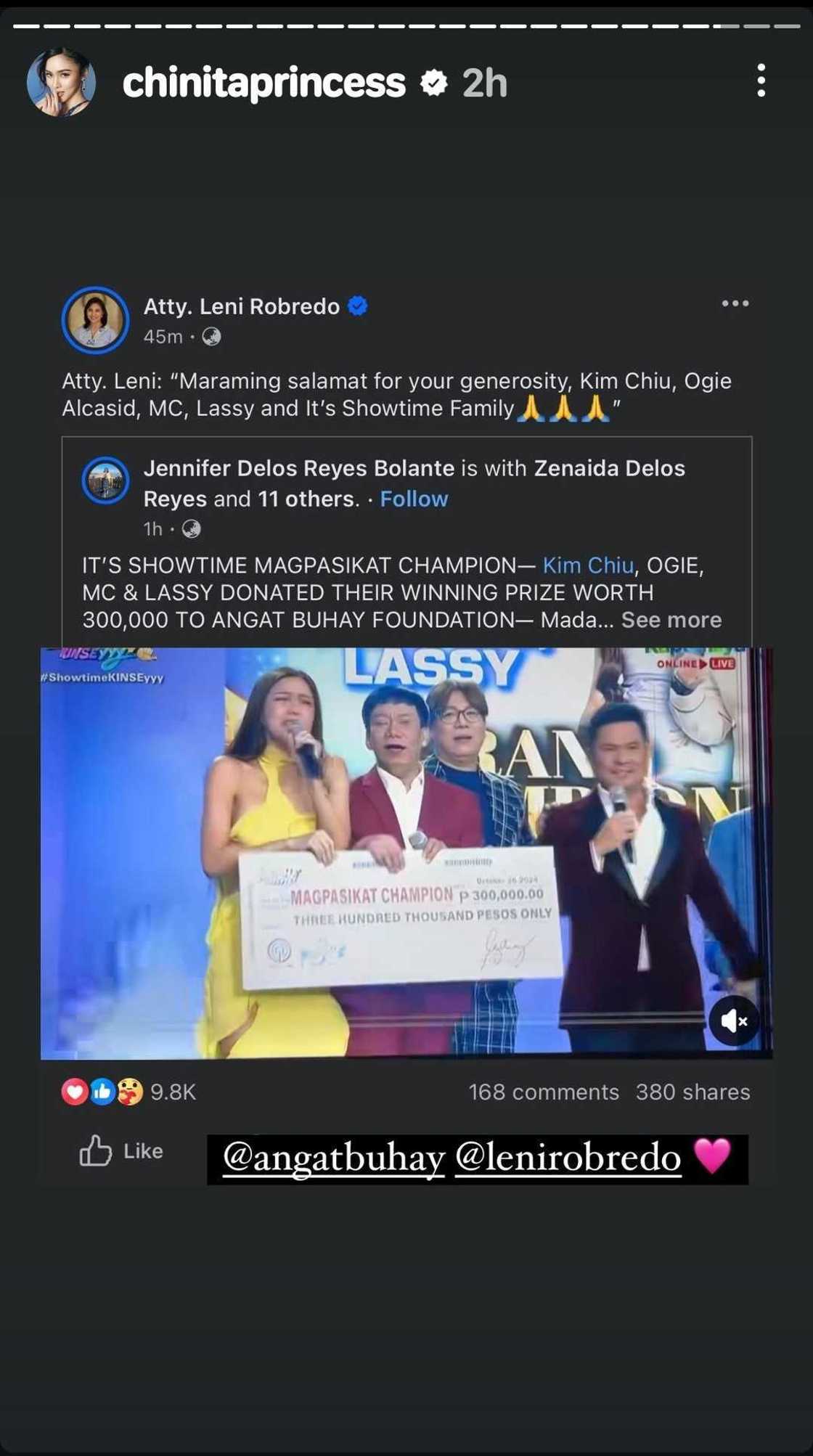 Leni Robredo, may mensahe sa team nina Kim Chiu na ido-donate premyo sa Magpasikat sa Angat Buhay