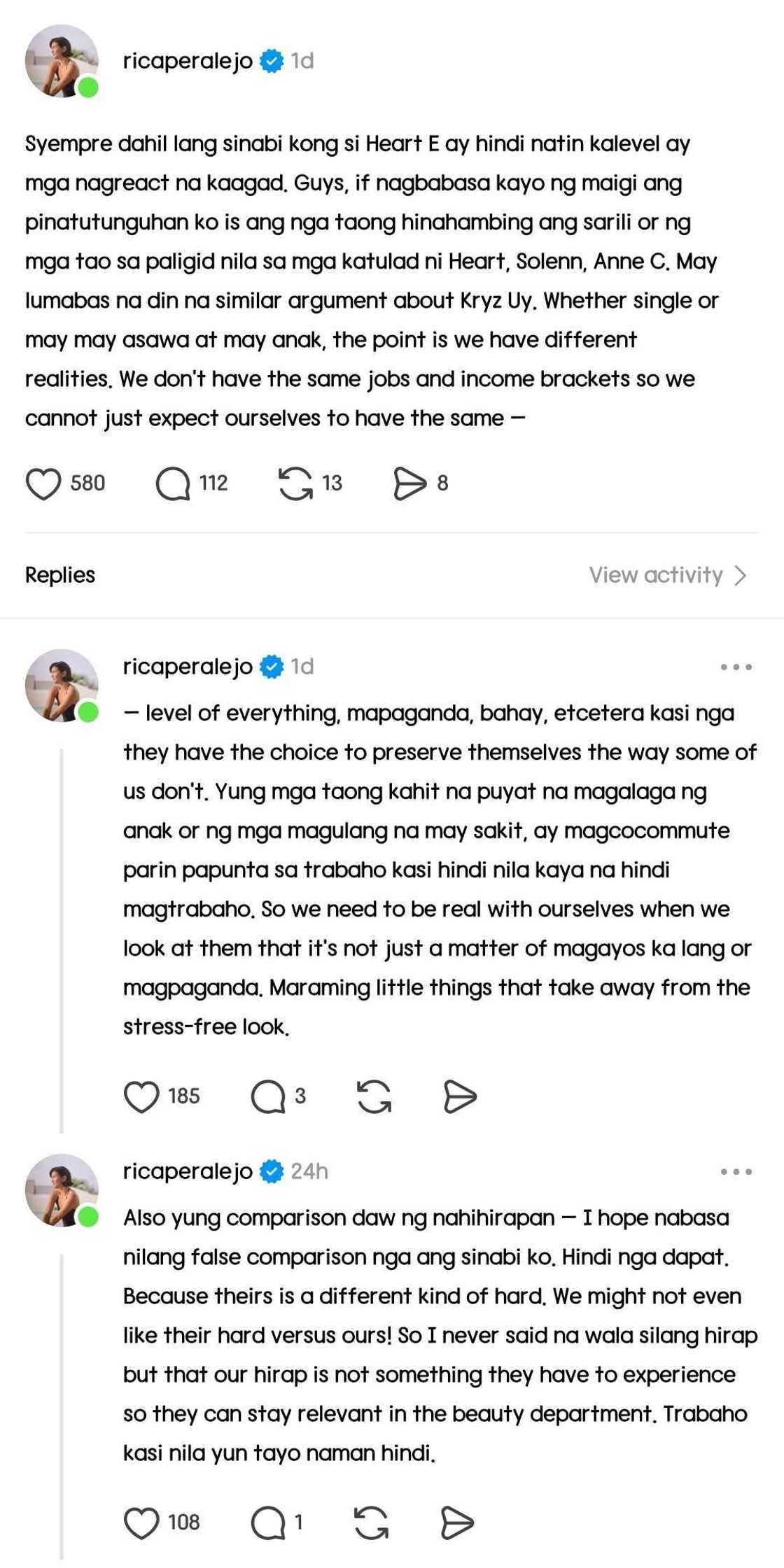 Rica Peralejo clarifies her since-deleted post about Heart Evangelista: "I don't hate Heart" Rica Peralejo clarifies her since-deleted post about Heart Evangelista: "I don't hate Heart"