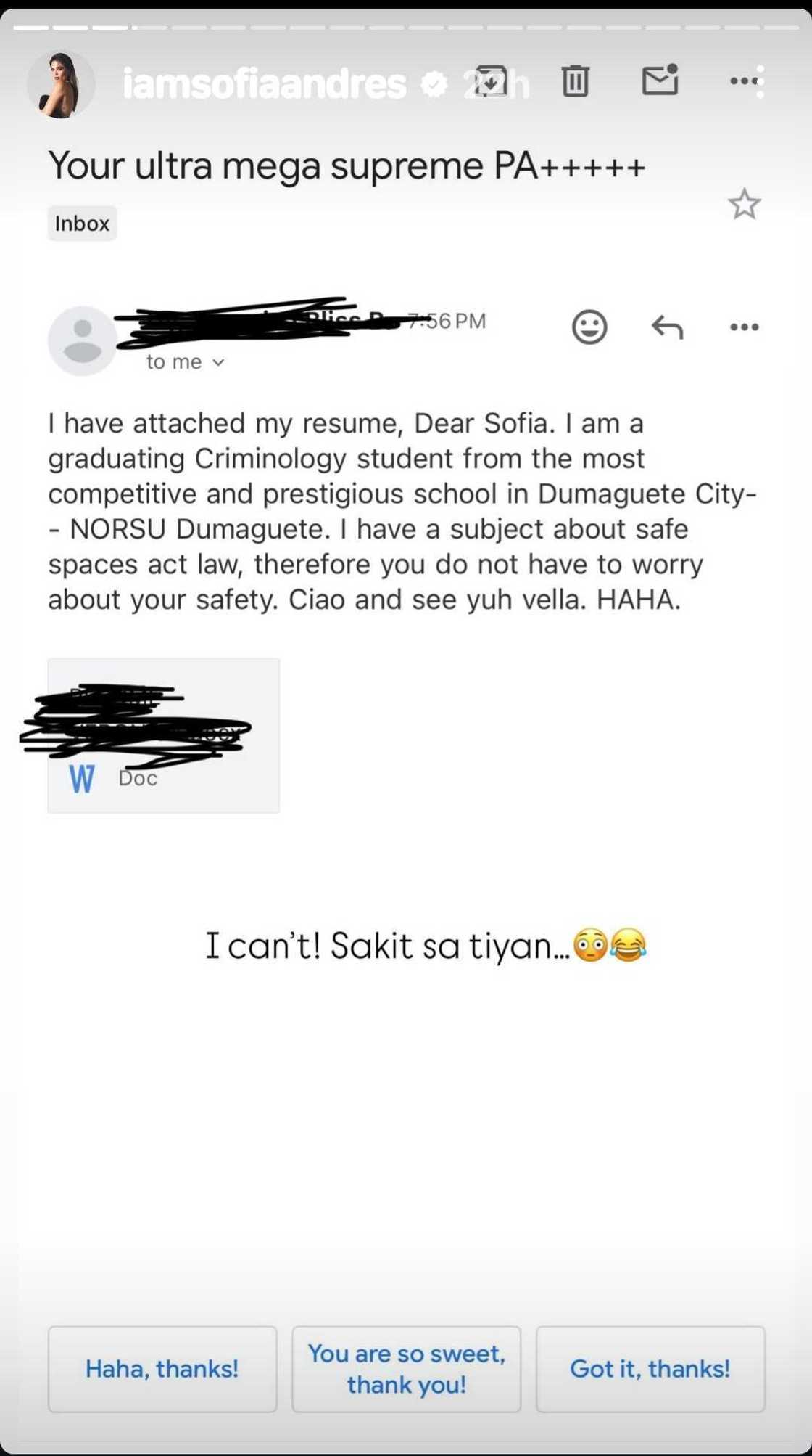 Sofia Andres, nag-react sa emails na natanggap matapos ang post niya ukol sa paghahanap ng PA Sofia Andres, nag-react sa emails na natanggap matapos ang post niya ukol sa paghahanap ng PA