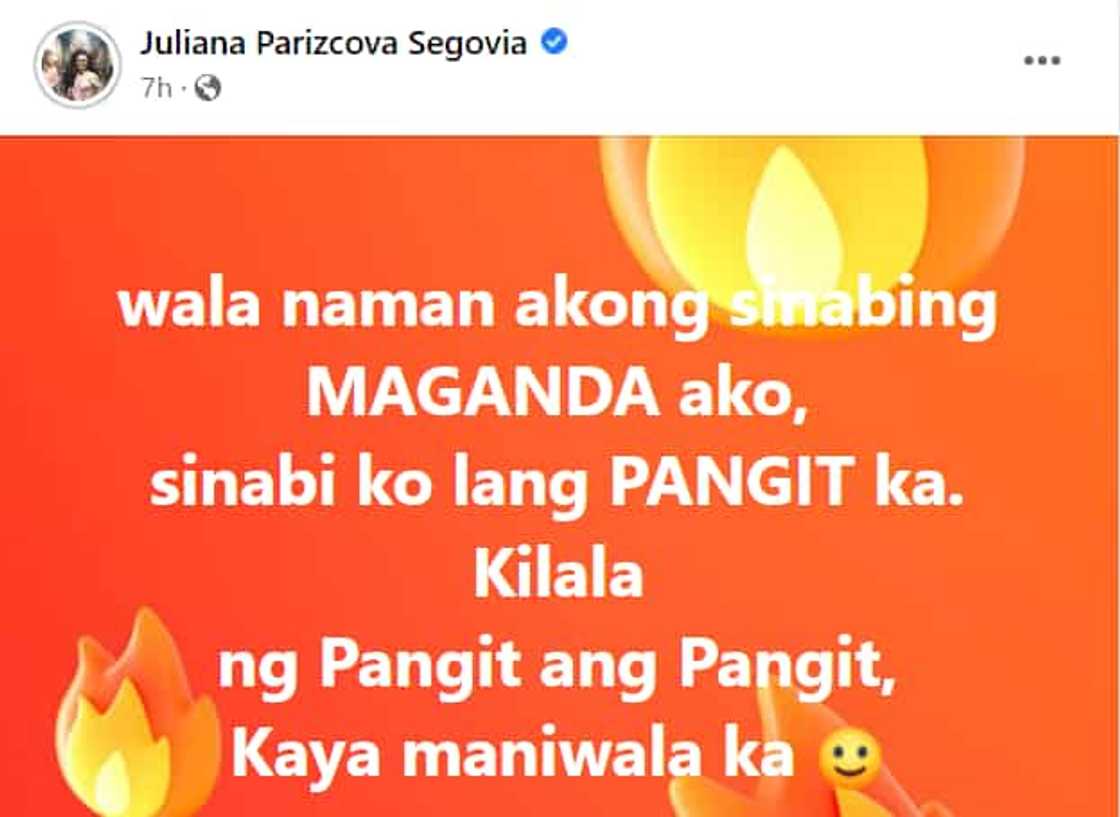Juliana Segovia, muling nagpatutsada: "Kilala ng pangit ang pangit" Juliana Segovia, muling nagpatutsada: "Kilala ng pangit ang pangit"