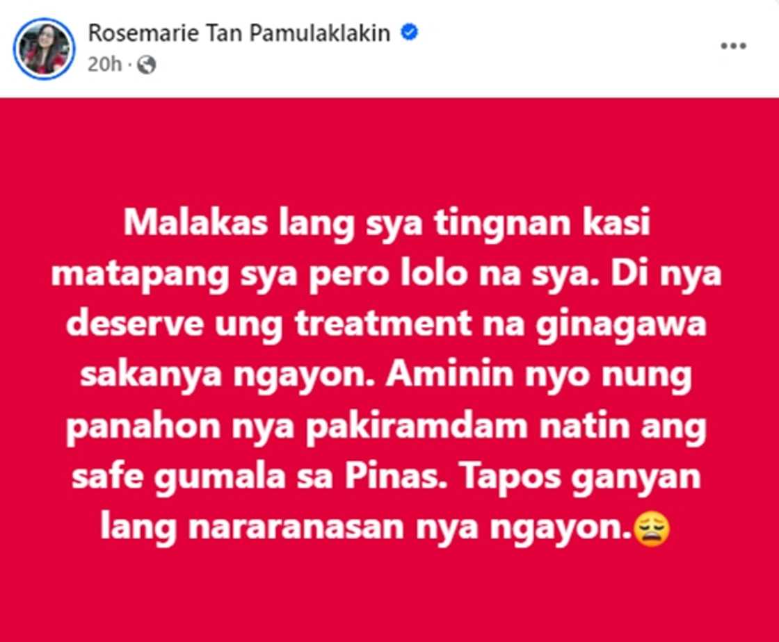 Rosmar Tan, labis na naaawa sa nangyari kay FPRRD: "Lolo na siya"