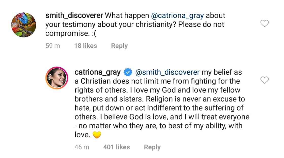 Catriona Gray replies to a netizen implying that she is compromising her Christian Faith with her LGBTQIA support Catriona Gray replies to a netizen implying that she is compromising her Christian Faith with her LGBTQIA support