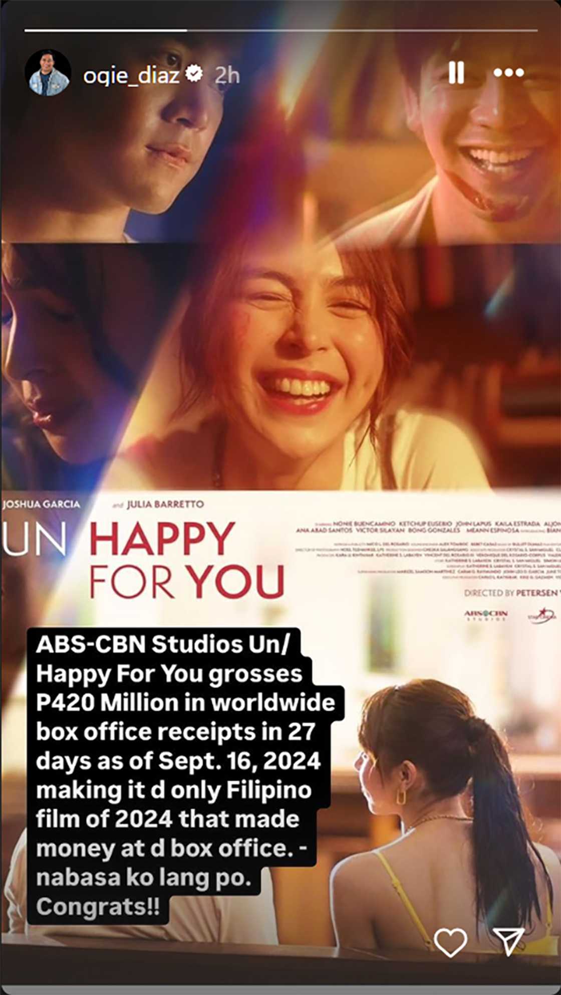 Ogie Diaz, ibinida ang na-achieve sa box office ng "Unhappy For You"