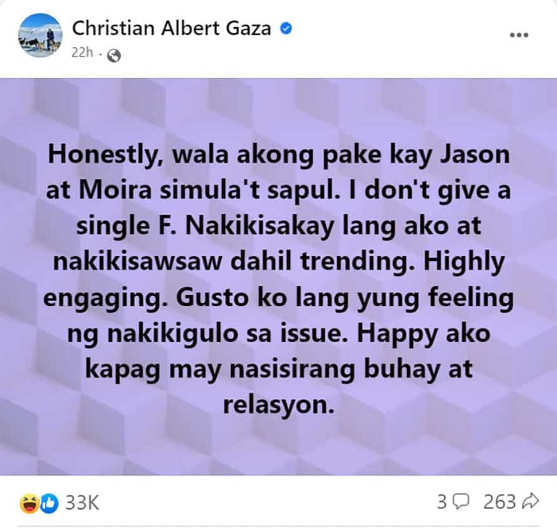 Xian Gaza, wapakels kay Jason Hernandez at Moira Dela Torre; Masaya umano pag may nasisirang buhay at relasyon