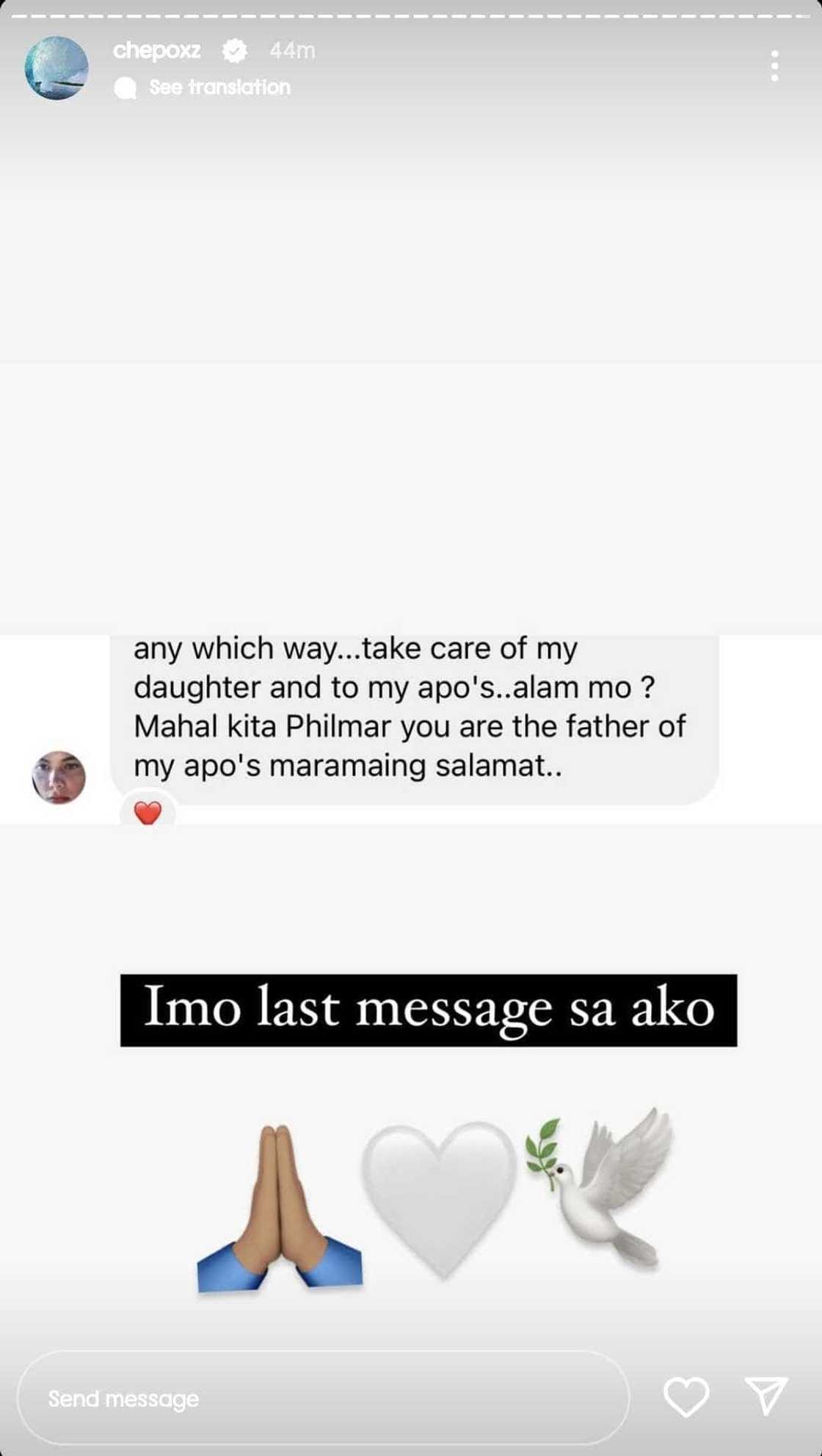 Philmar Alipayo, ipinakita ang huling message sa kanya ni Jaclyn Jose Philmar Alipayo, ipinakita ang huling message sa kanya ni Jaclyn Jose