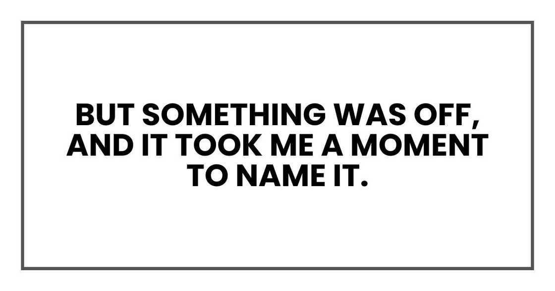 But something was off, and it took me a moment to name it. But something was off, and it took me a moment to name it.