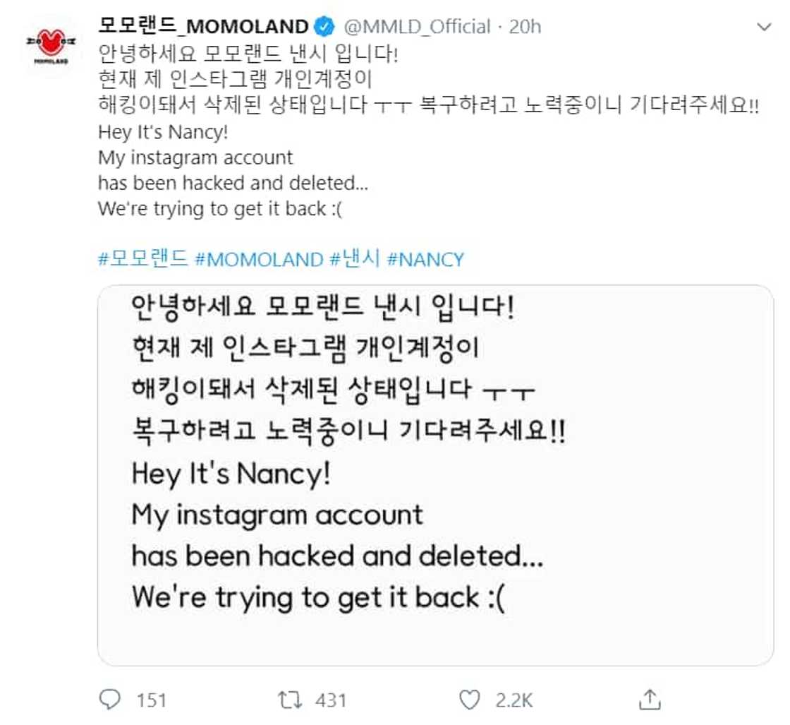 Nancy McDonie of Momoland gets emotional when her Instagram account was hacked