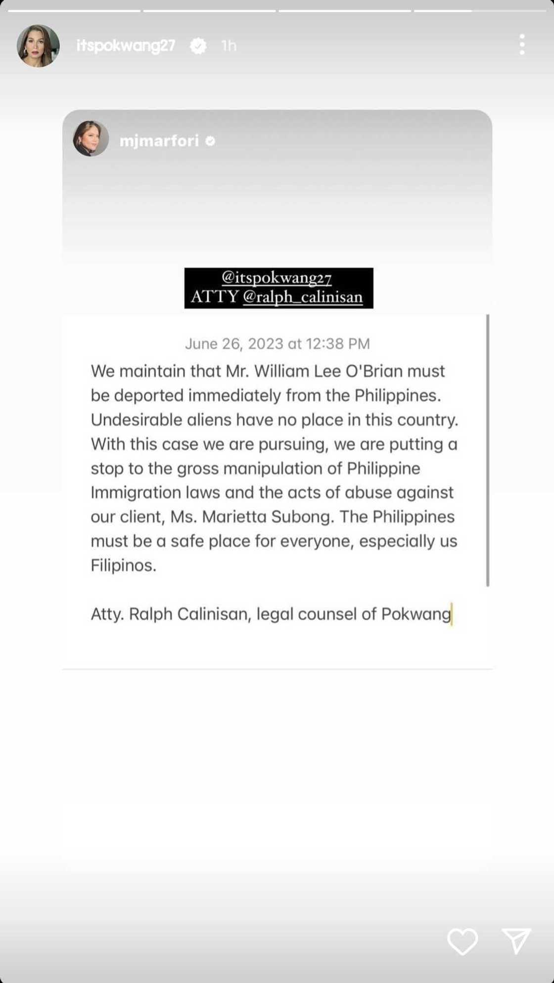 Pokwang releases official statement of her lawyer amid Lee O'Brian's counter affidavit Pokwang releases official statement of her lawyer amid Lee O'Brian's counter affidavit