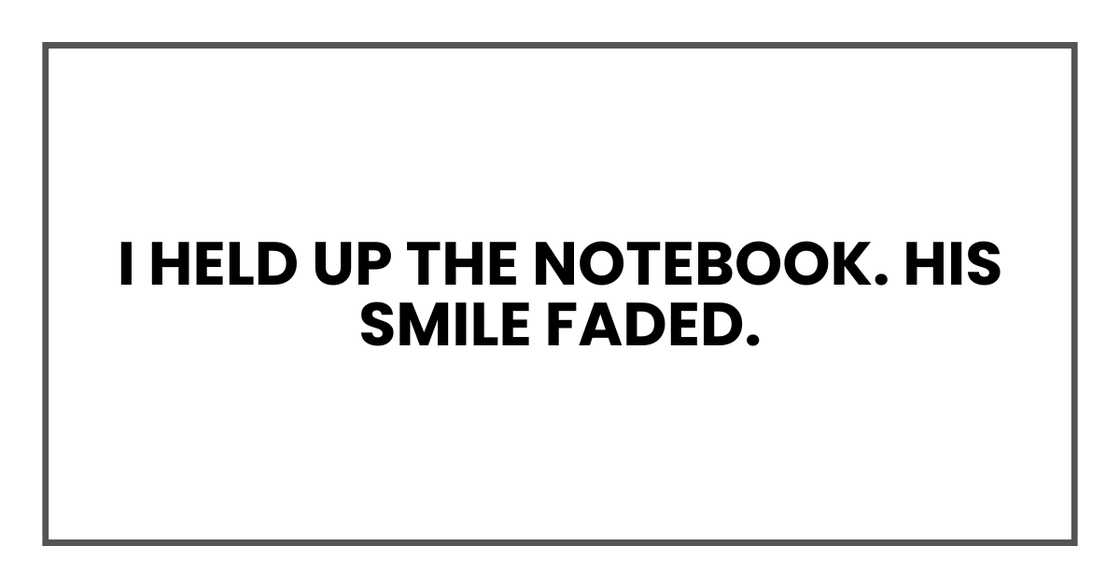 I held up the notebook. His smile faded. I held up the notebook. His smile faded.