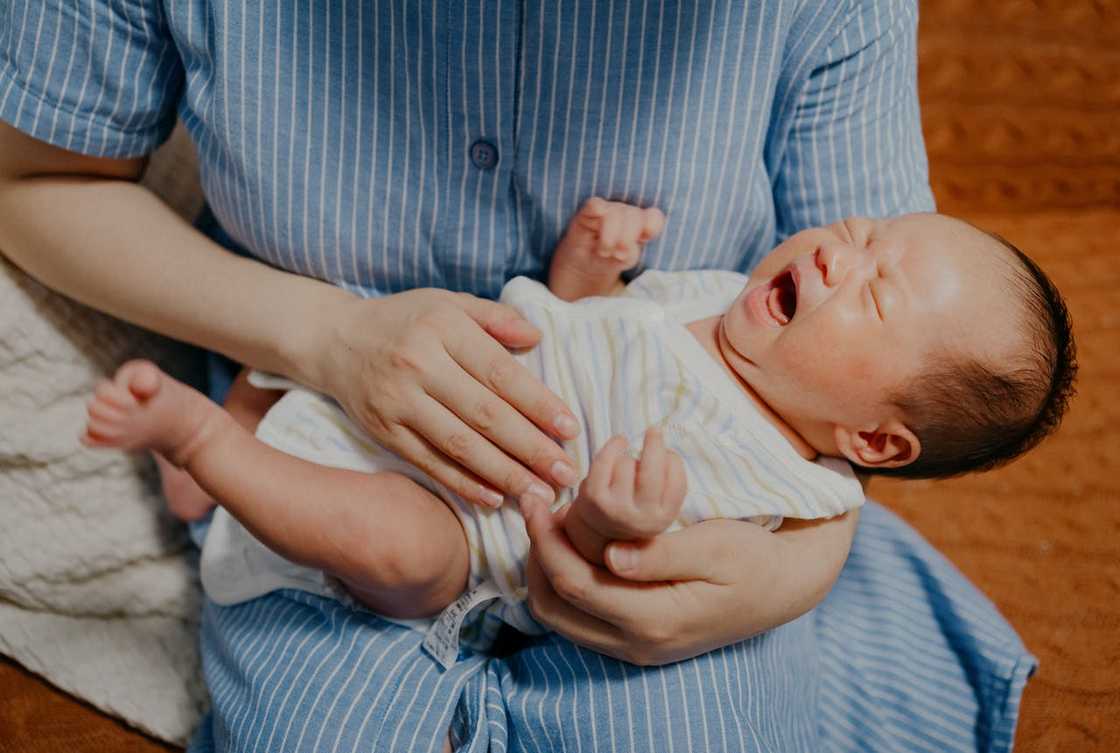 A newborn baby crying while being held in an adult’s arms. A newborn baby crying while being held in an adult’s arms.