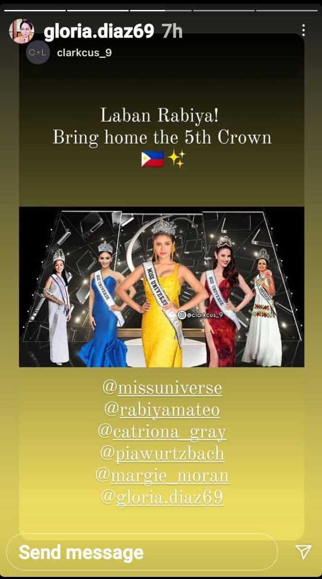 Miss Universe 1969 Gloria Diaz, nagpakita ng suporta kay Rabiya Mateo Miss Universe 1969 Gloria Diaz, nagpakita ng suporta kay Rabiya Mateo