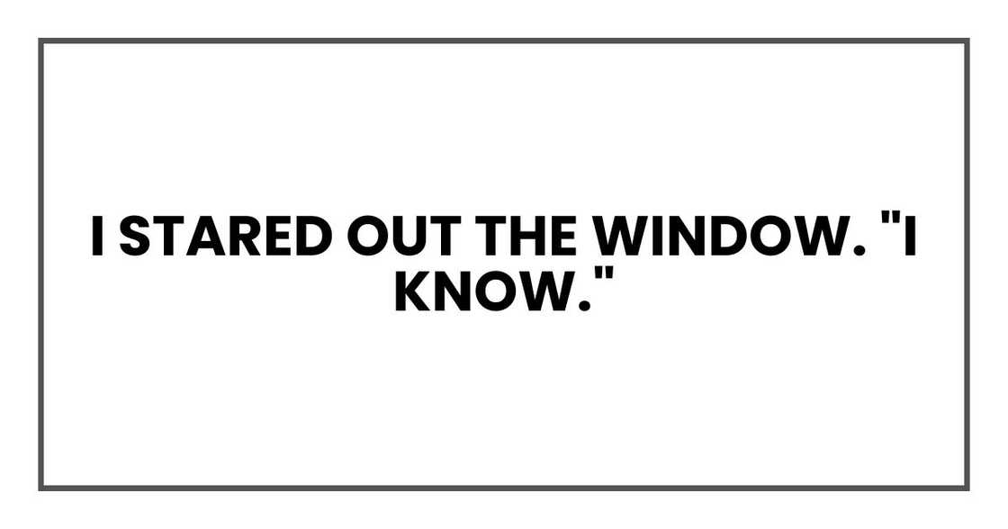 I stared out the window. "I know." I stared out the window. "I know."