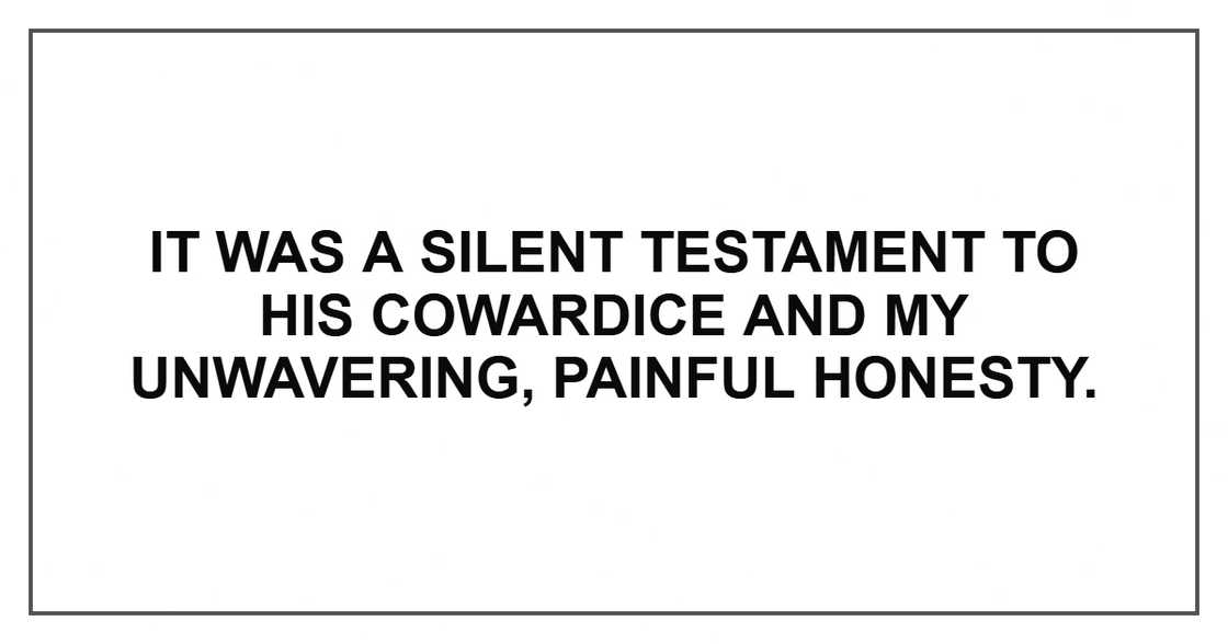 It was a silent testament to his cowardice and my unwavering, painful honesty. It was a silent testament to his cowardice and my unwavering, painful honesty.