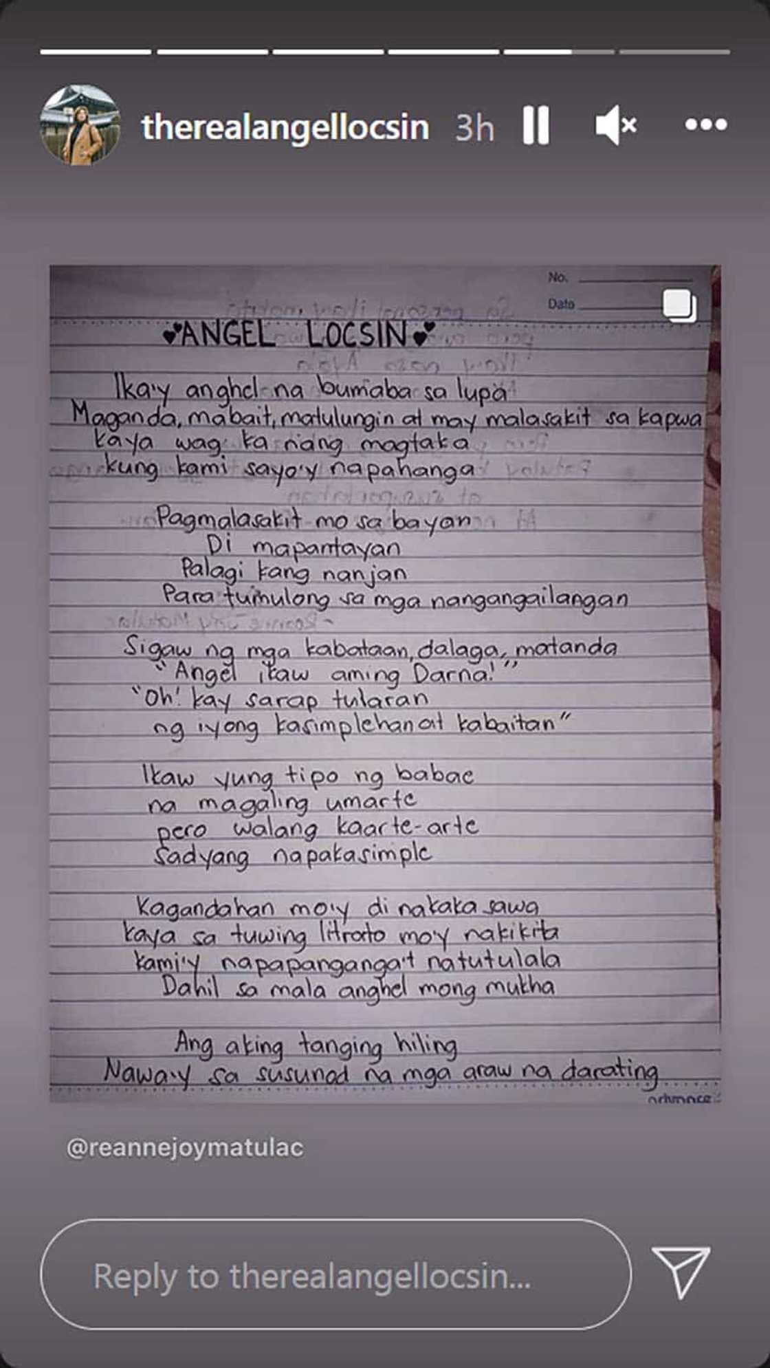 Angel Locsin, naantig ang puso sa tula na ginawa ng kanyang fan: “Ika’y anghel na bumaba sa lupa” Angel Locsin, naantig ang puso sa tula na ginawa ng kanyang fan: “Ika’y anghel na bumaba sa lupa”