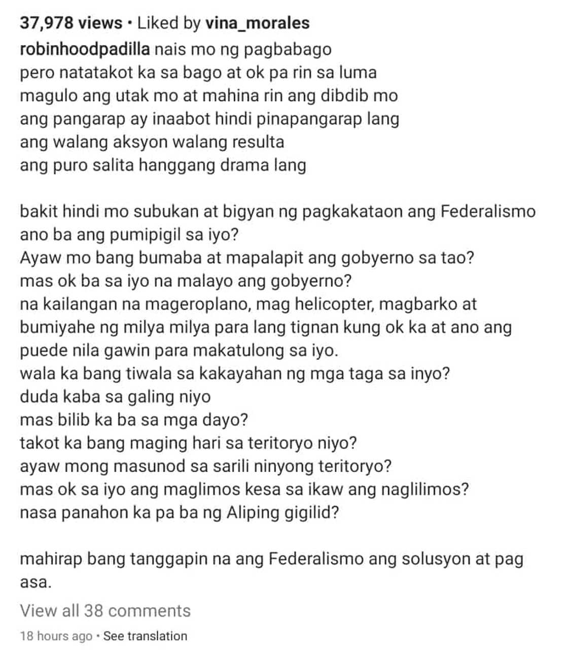 Robin Padilla, sinabing federalismo ang solusyon at pag-asa ng bansa