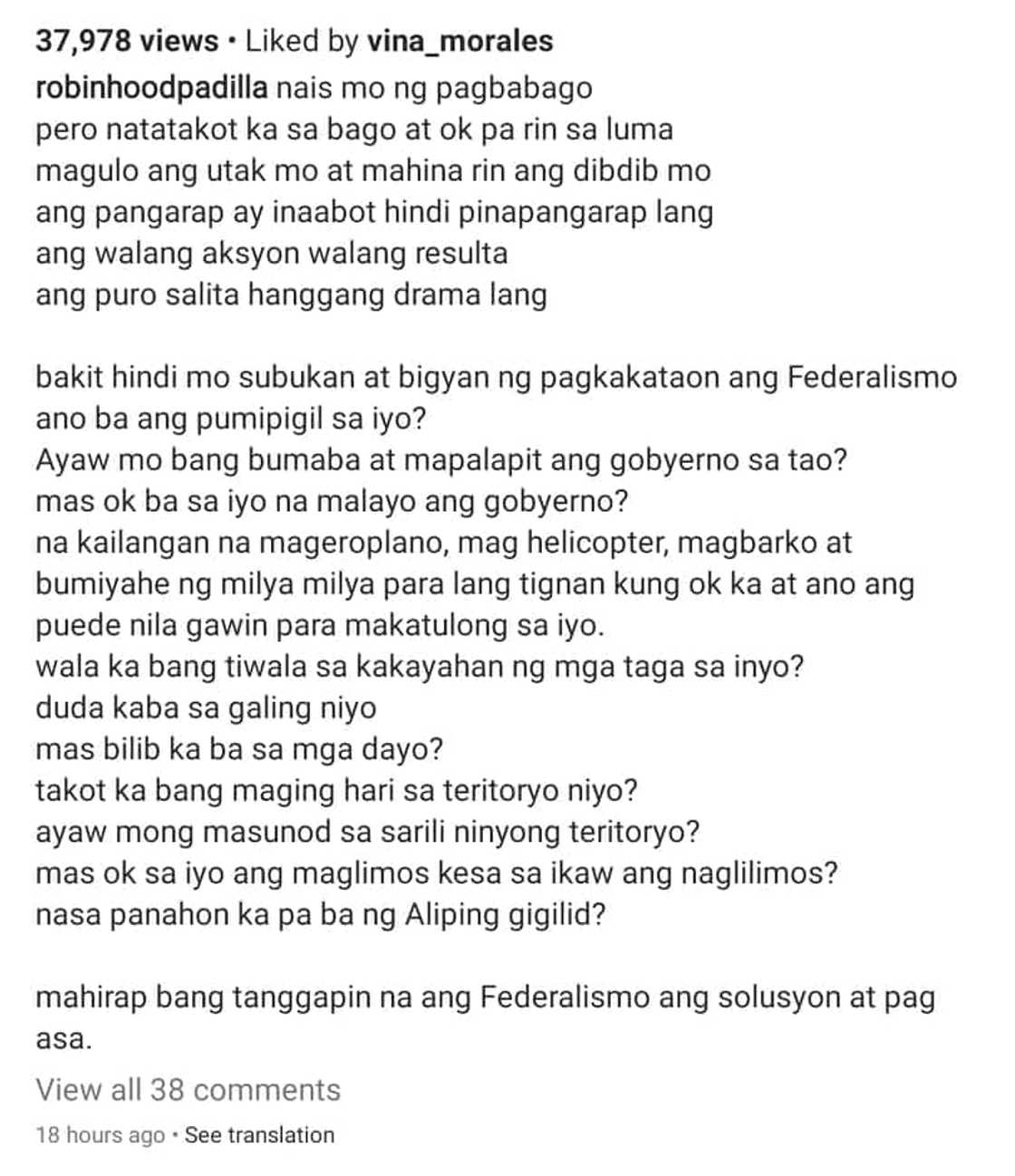 Robin Padilla, sinabing federalismo ang solusyon at pag-asa ng bansa Robin Padilla, sinabing federalismo ang solusyon at pag-asa ng bansa