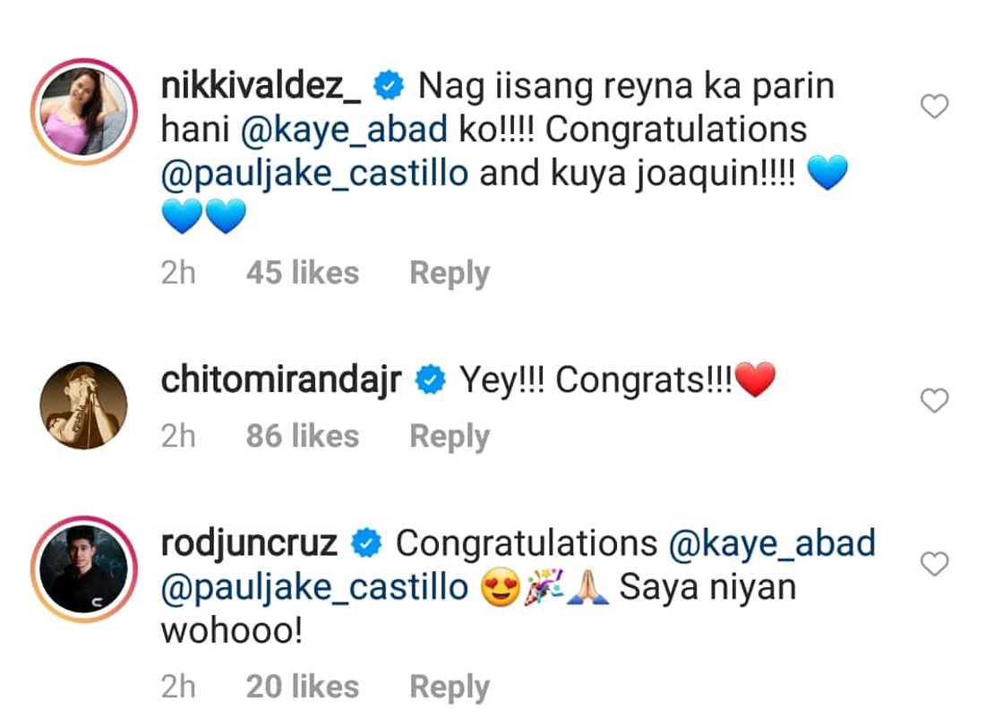 Mga pagbati mula sa mga kaibigan at kasamahan sa showbiz nina Kaye Abad at Paul Jake Castillo Mga pagbati mula sa mga kaibigan at kasamahan sa showbiz nina Kaye Abad at Paul Jake Castillo