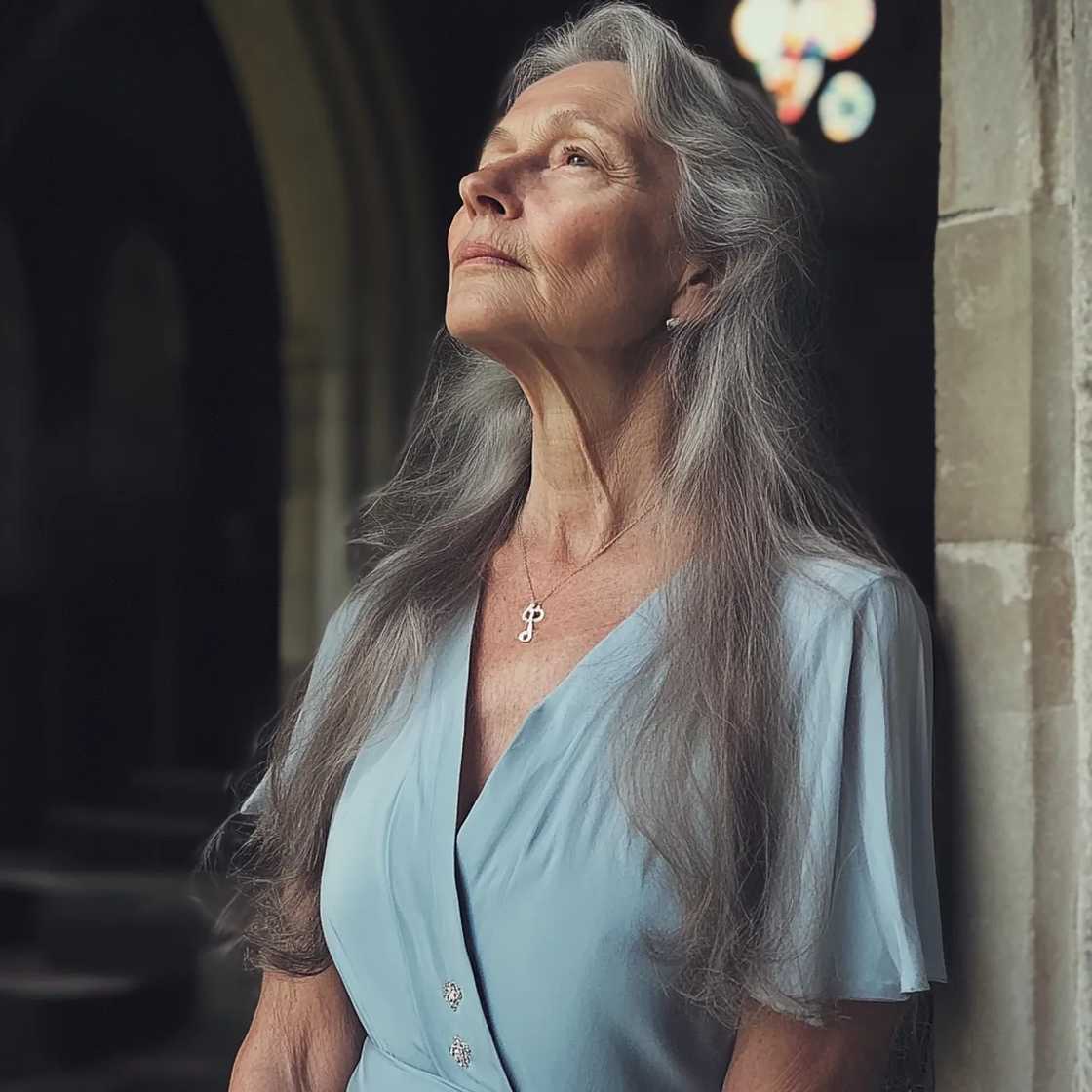 An older woman standing outside a church An older woman standing outside a church