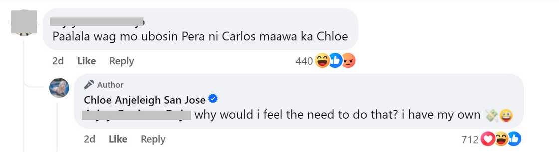 Chloe San Jose, rumesbak sa basher na pinaalalahanan siyang 'wag ubusin ang pera ni Carlos Yulo