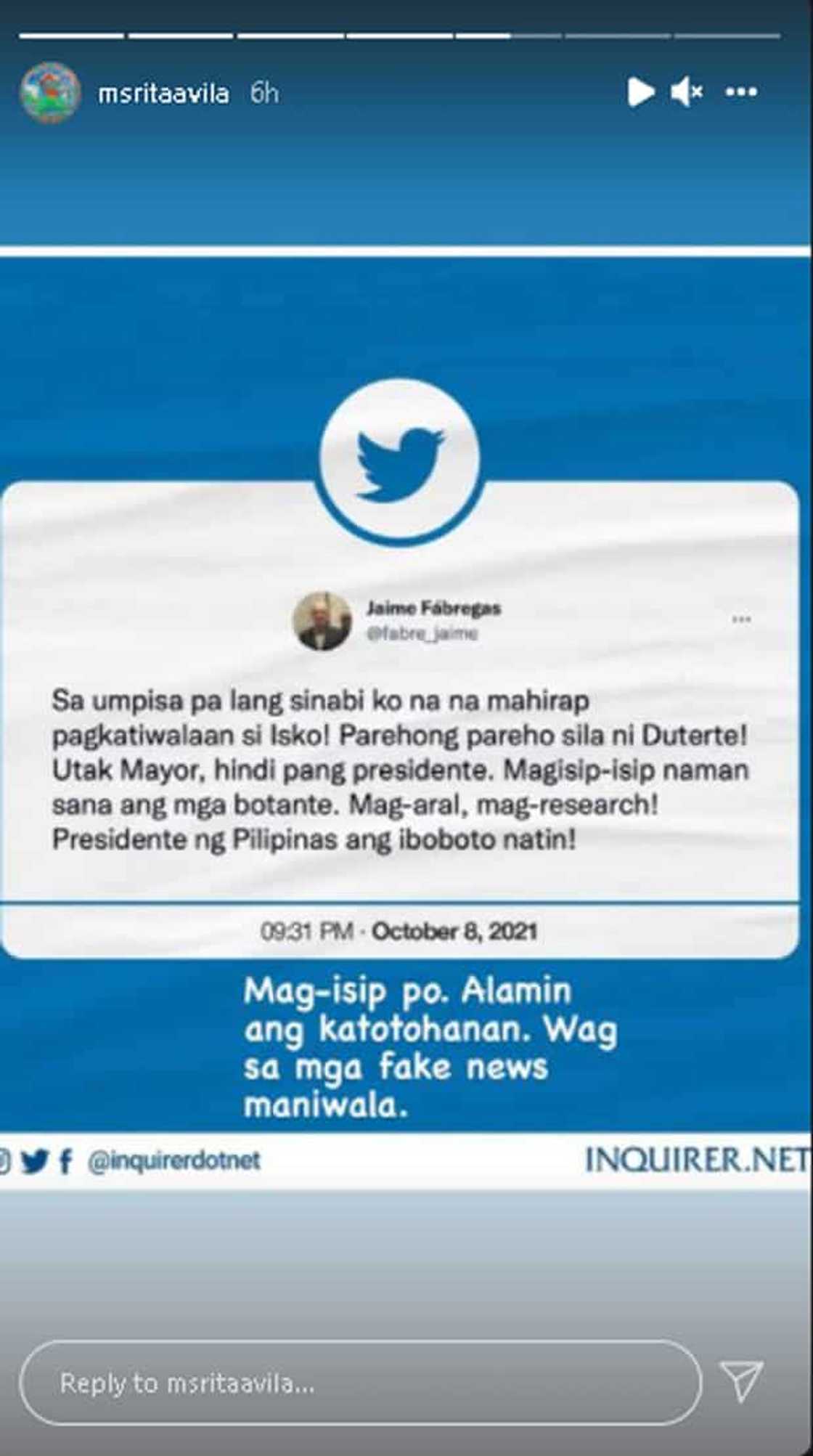 Rita Avila, ni-repost ang viral rant ni Jaime Fabregas laban kay Isko Moreno Rita Avila, ni-repost ang viral rant ni Jaime Fabregas laban kay Isko Moreno