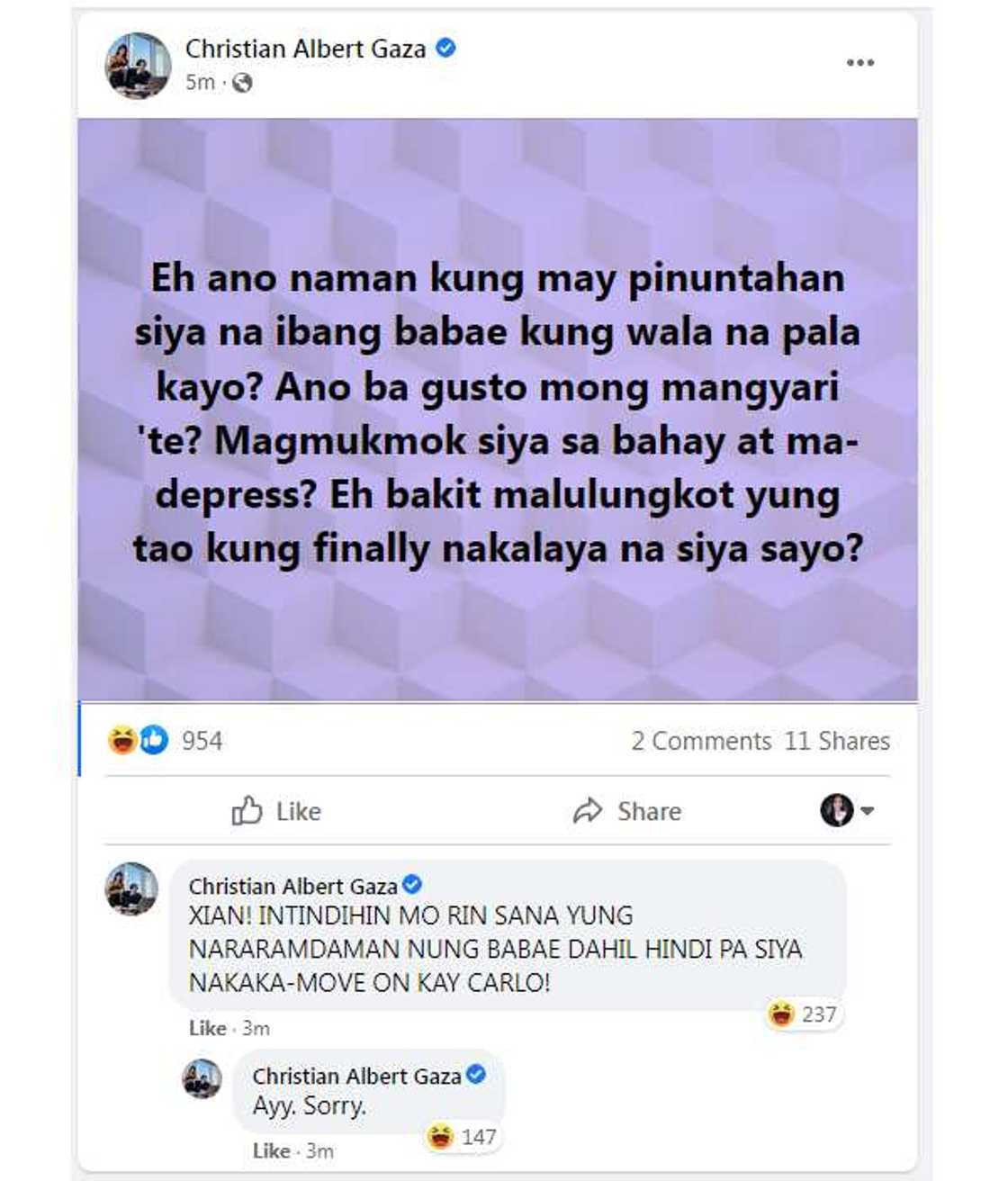 Xian Gaza, matapos mag-post ukol kay Carlo Aquino, sinabing intindihan ang "nararamdaman nung babae" Xian Gaza, matapos mag-post ukol kay Carlo Aquino, sinabing intindihan ang "nararamdaman nung babae"