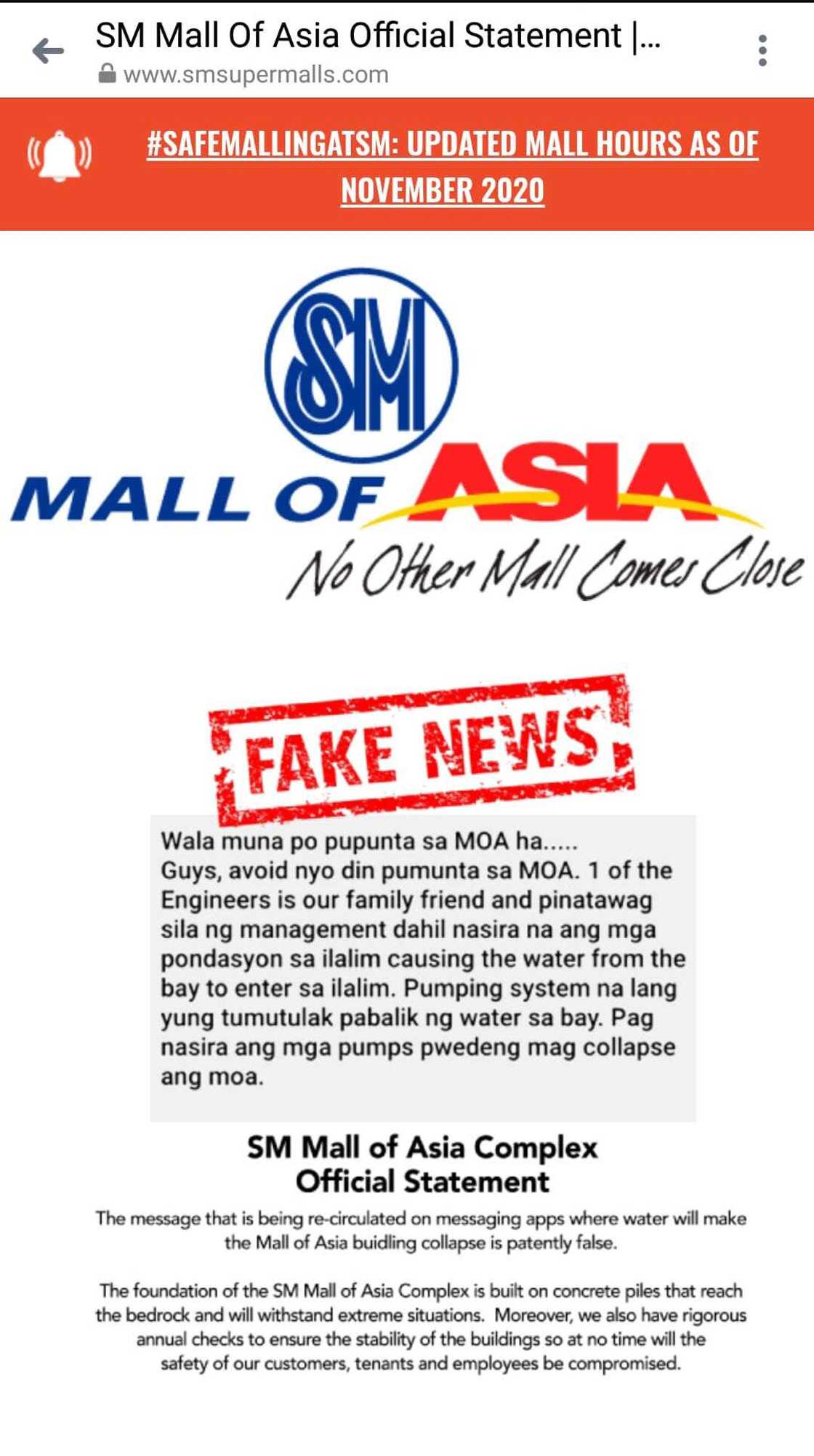 SM MoA, pinabulaanan ang tungkol sa kumakalat na balitang nasira na ang pundasyon nito SM MoA, pinabulaanan ang tungkol sa kumakalat na balitang nasira na ang pundasyon nito