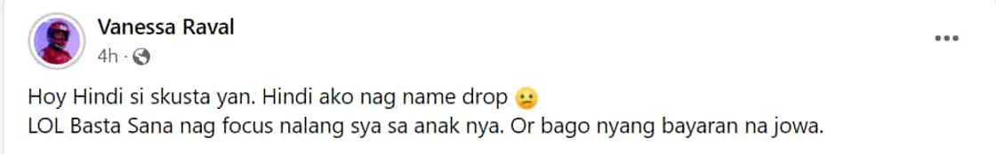 Vanessa Raval, sinabing hindi si Skusta yung nasa post niya Vanessa Raval, sinabing hindi si Skusta yung nasa post niya