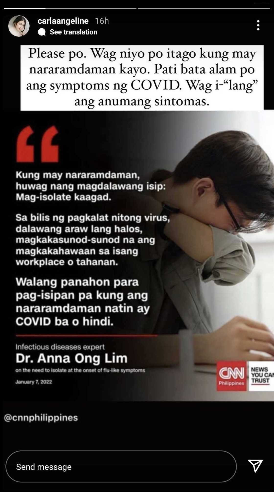 Carla Abellana appeals to public not to underestimate any flu-like symptoms Carla Abellana appeals to public not to underestimate any flu-like symptoms