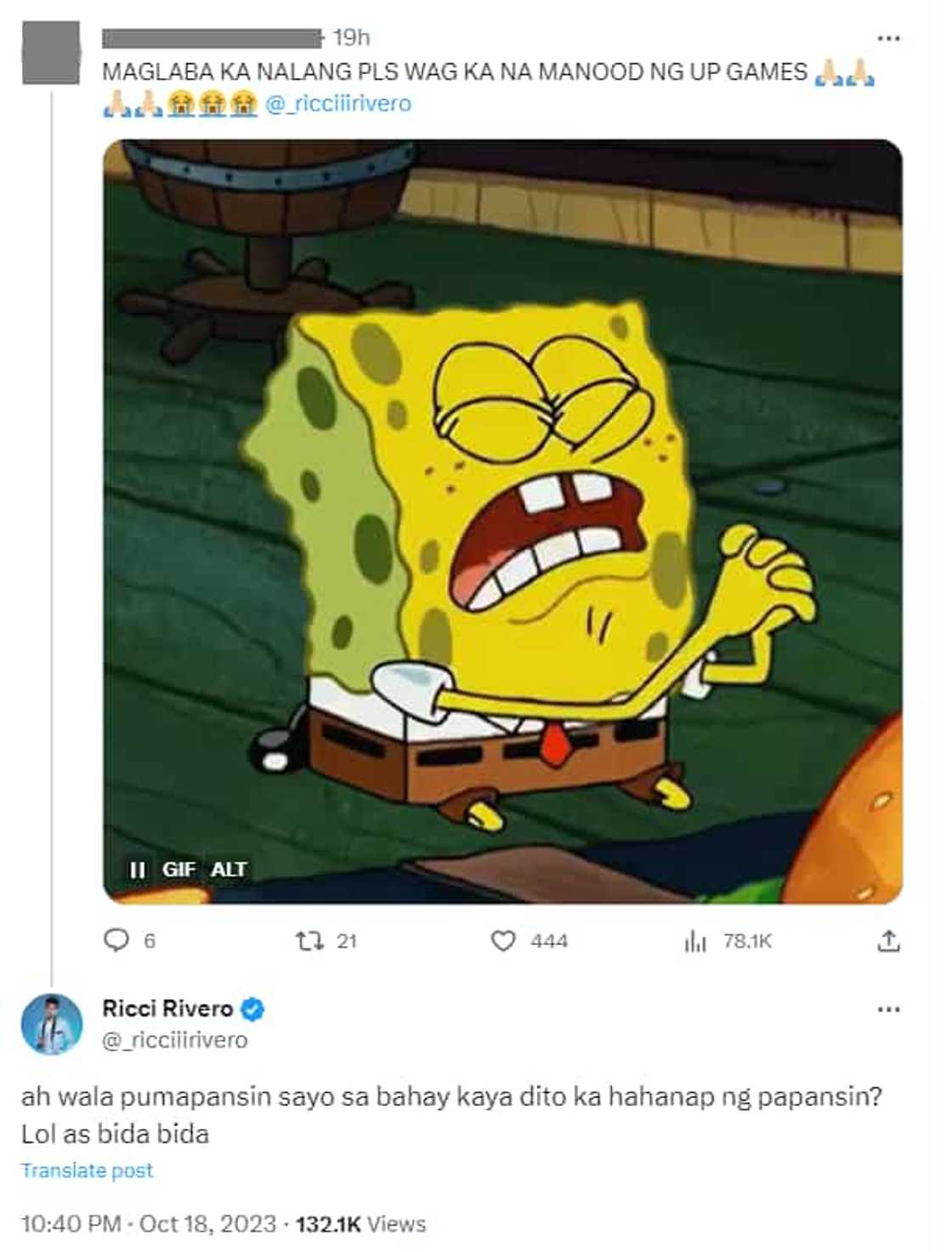 Ricci Rivero, rumesbak sa basher na nagsabing ‘wag na siyang manood ng UP games Ricci Rivero, rumesbak sa basher na nagsabing ‘wag na siyang manood ng UP games